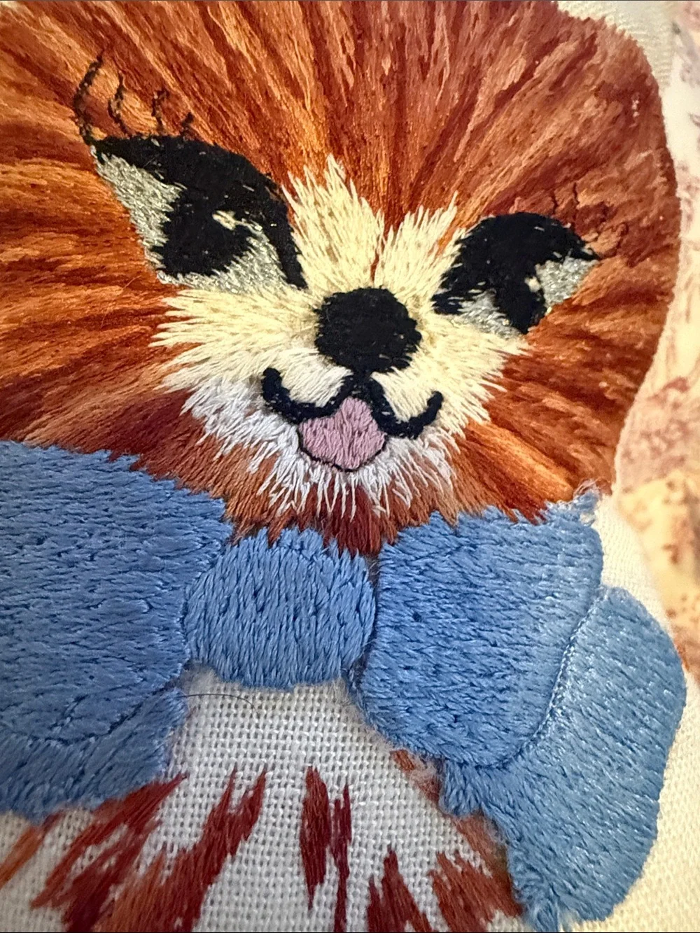Hand made Vintage Embroidered Cat Pillows - Blue Bows on Cream